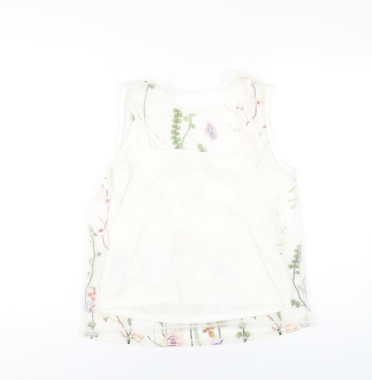New Look Womens White Floral Polyamide Basic Tank Size 14 Round Neck