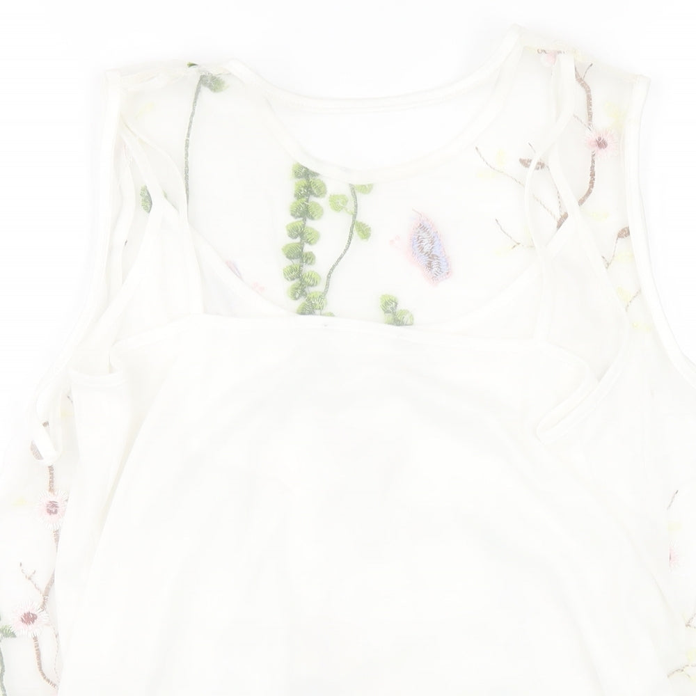 New Look Womens White Floral Polyamide Basic Tank Size 14 Round Neck