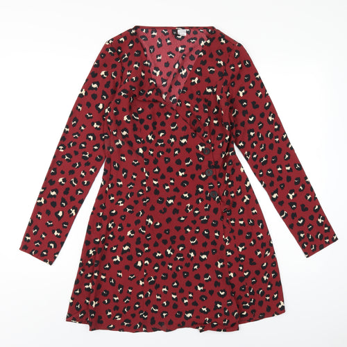H&M Womens Red Animal Print Polyester A-Line Size 6 V-Neck Button