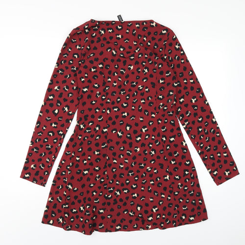 H&M Womens Red Animal Print Polyester A-Line Size 6 V-Neck Button