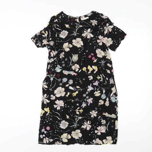 H&M Womens Black Floral Viscose T-Shirt Dress Size 6 Round Neck Button
