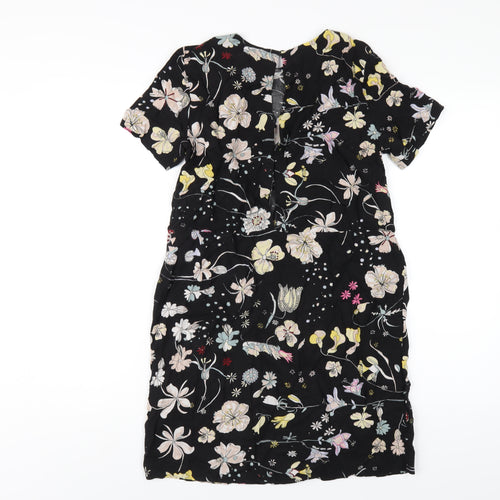 H&M Womens Black Floral Viscose T-Shirt Dress Size 6 Round Neck Button