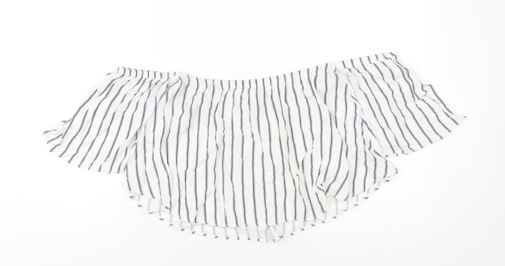 Pull&Bear Womens White Striped Viscose Basic T-Shirt Size L Off the Shoulder