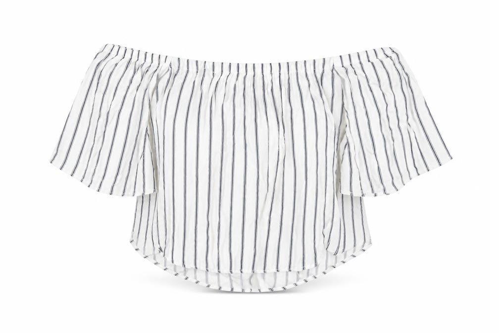 Front view of Pull&Bear women’s white striped viscose basic t-shirt, size L, off the shoulder