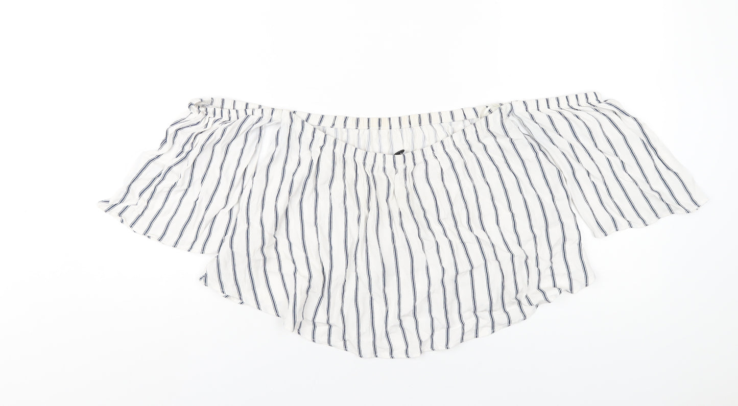 Pull&Bear Womens White Striped Viscose Basic T-Shirt Size L Off the Shoulder