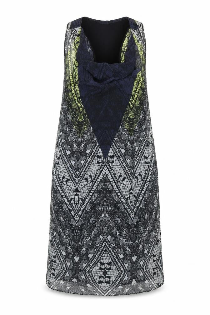 Front view of Warehouse women’s multicoloured geometric polyester tank dress, size UK 12, cowl neck pullover