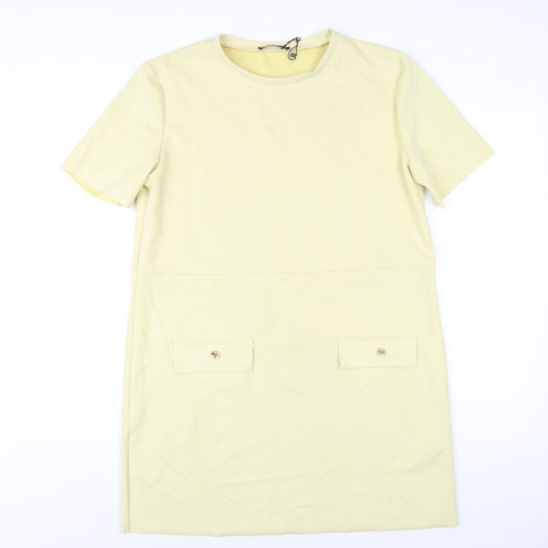 Zara Womens Yellow Polyester T-Shirt Dress Size L Round Neck Pullover