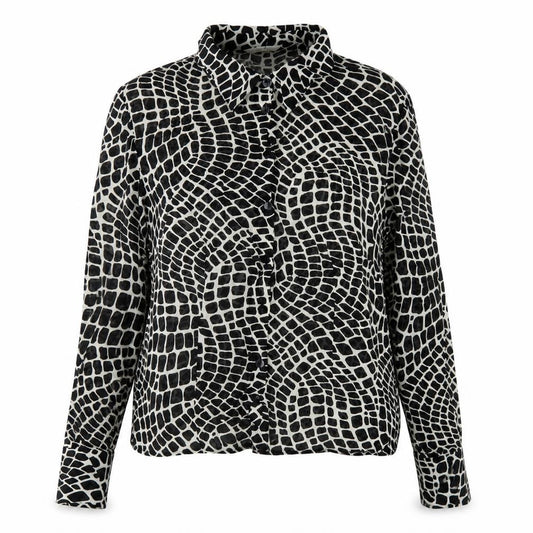 Front view of Marks & Spencer women’s black geometric viscose basic button-up, size UK 12, collared