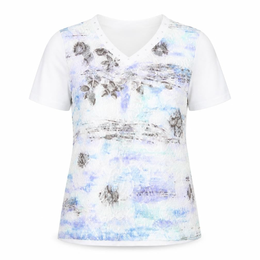 Front view of Paramour women’s white polyester basic t-shirt, size M, v-neck - studded neckline