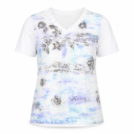 Front view of Paramour women’s white polyester basic t-shirt, size M, v-neck - studded neckline