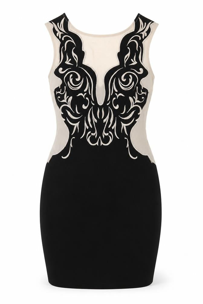 Front view of Lipsy women’s black polyester bodycon, size UK 8, boat neck zip
