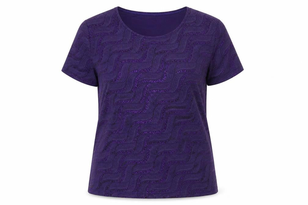 Front view of EWM women’s purple geometric polyester basic t-shirt, size UK 14, round neck