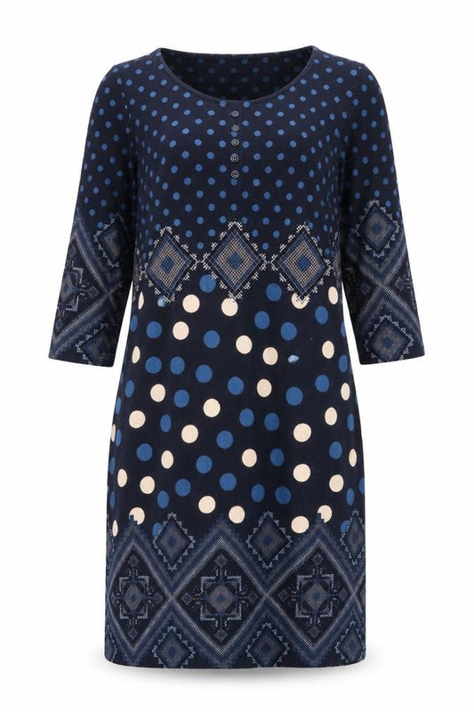 Front view of Roman women’s blue geometric polyester a-line, size UK 12, scoop neck pullover