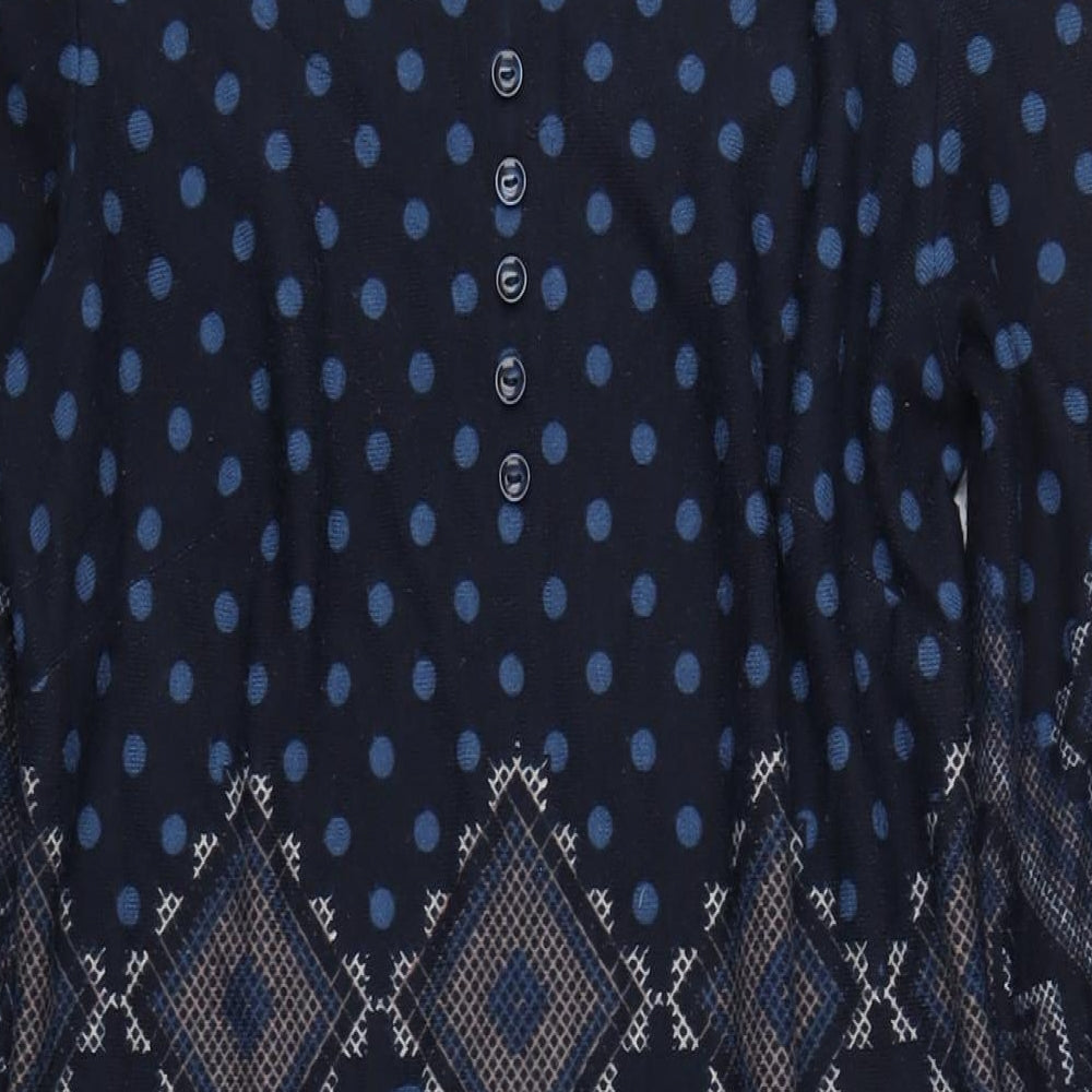 Roman Womens Blue Geometric Polyester A-Line Size 12 Scoop Neck Pullover