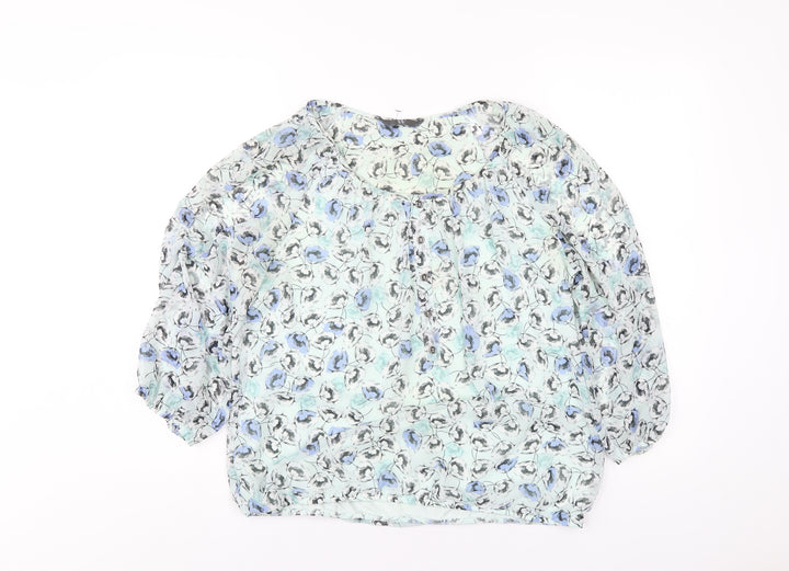 BHS Womens Green Floral Polyester Basic Blouse Size 14 Scoop Neck