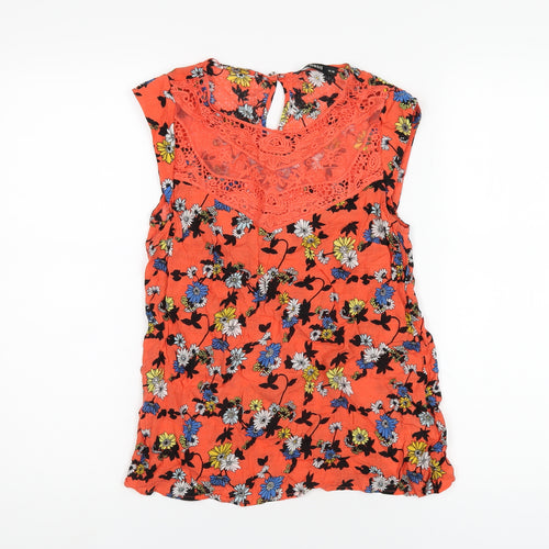 Oasis Womens Orange Geometric Viscose Basic T-Shirt Size 10 Round Neck