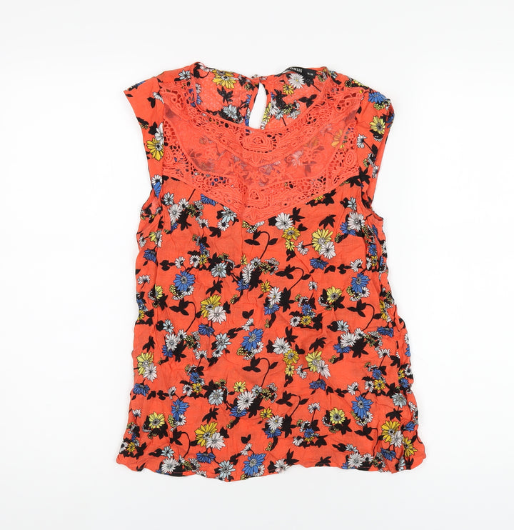 Oasis Womens Orange Geometric Viscose Basic T-Shirt Size 10 Round Neck