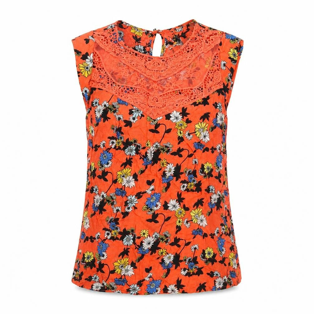 Front view of Oasis women’s orange geometric viscose basic t-shirt, size UK 10, round neck