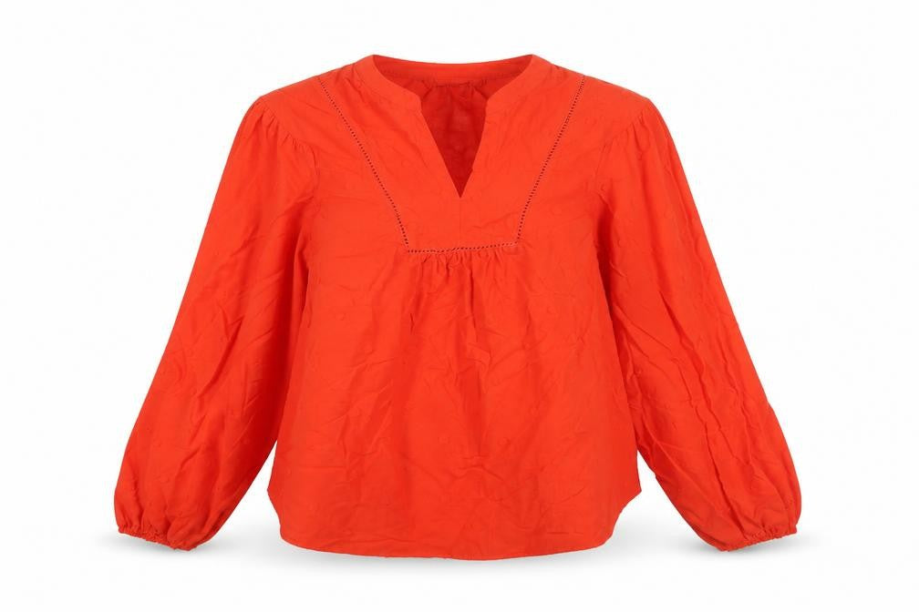 Front view of Marks & Spencer women’s red polka dot cotton basic blouse, size UK 8, v-neck
