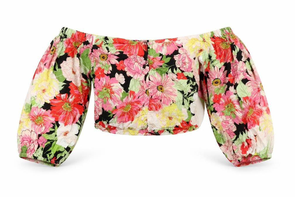 Front view of Zara women’s multicoloured floral polyester cropped blouse, size S, off the shoulder - rouched