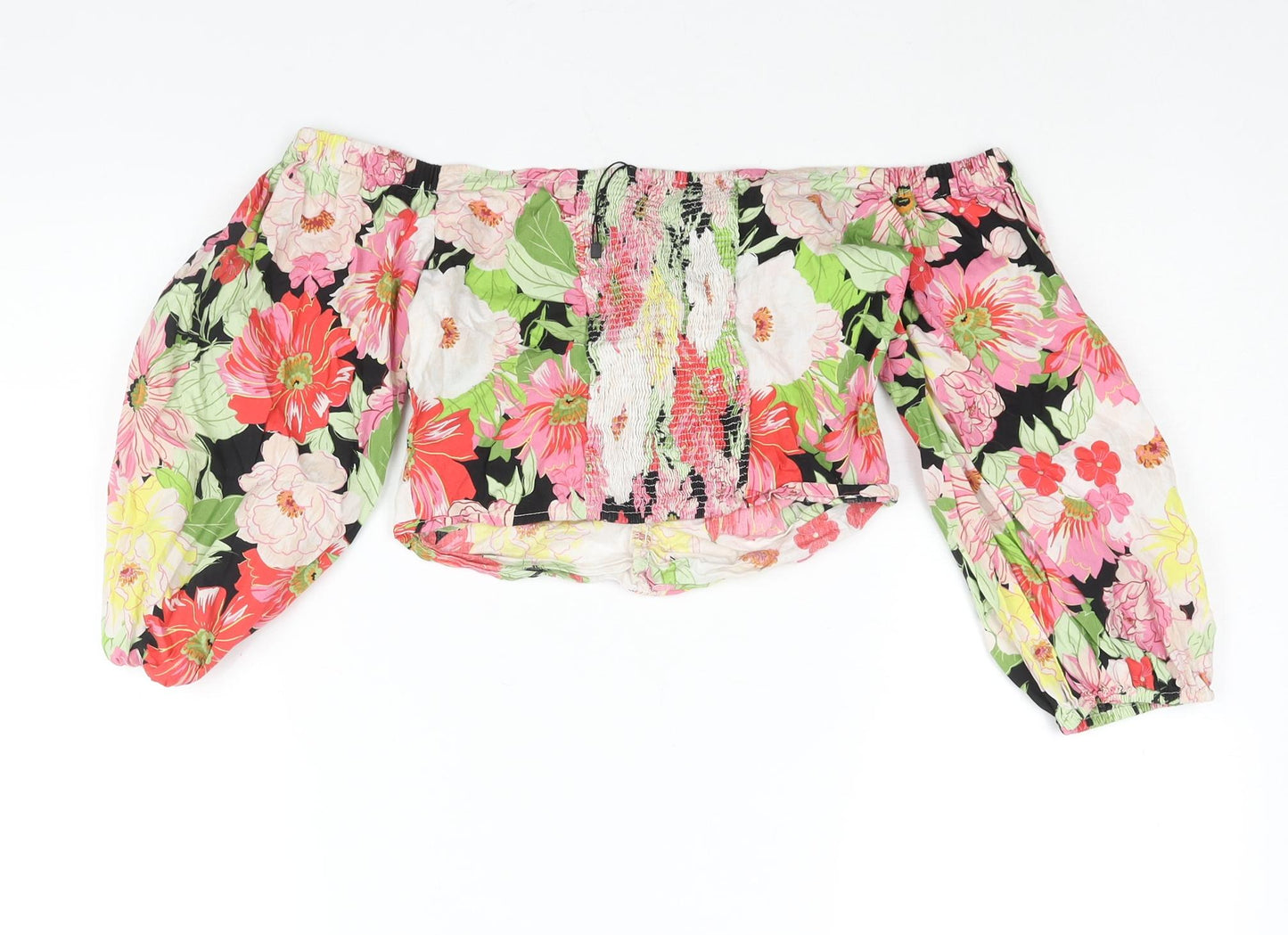 Zara Womens Multicoloured Floral Polyester Cropped Blouse Size S Off the Shoulder - Rouched