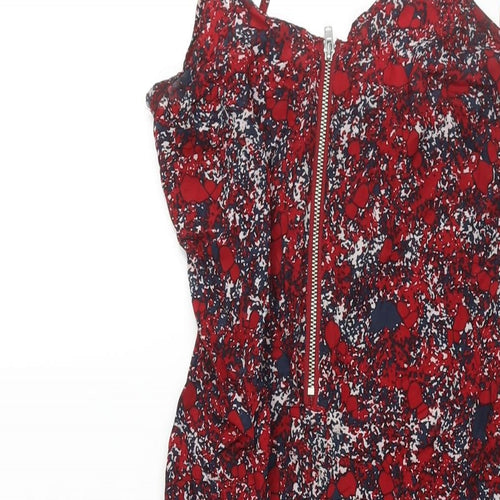 Lonely Hearts Womens Red Geometric Silk Slip Dress Size 6 V-Neck Zip