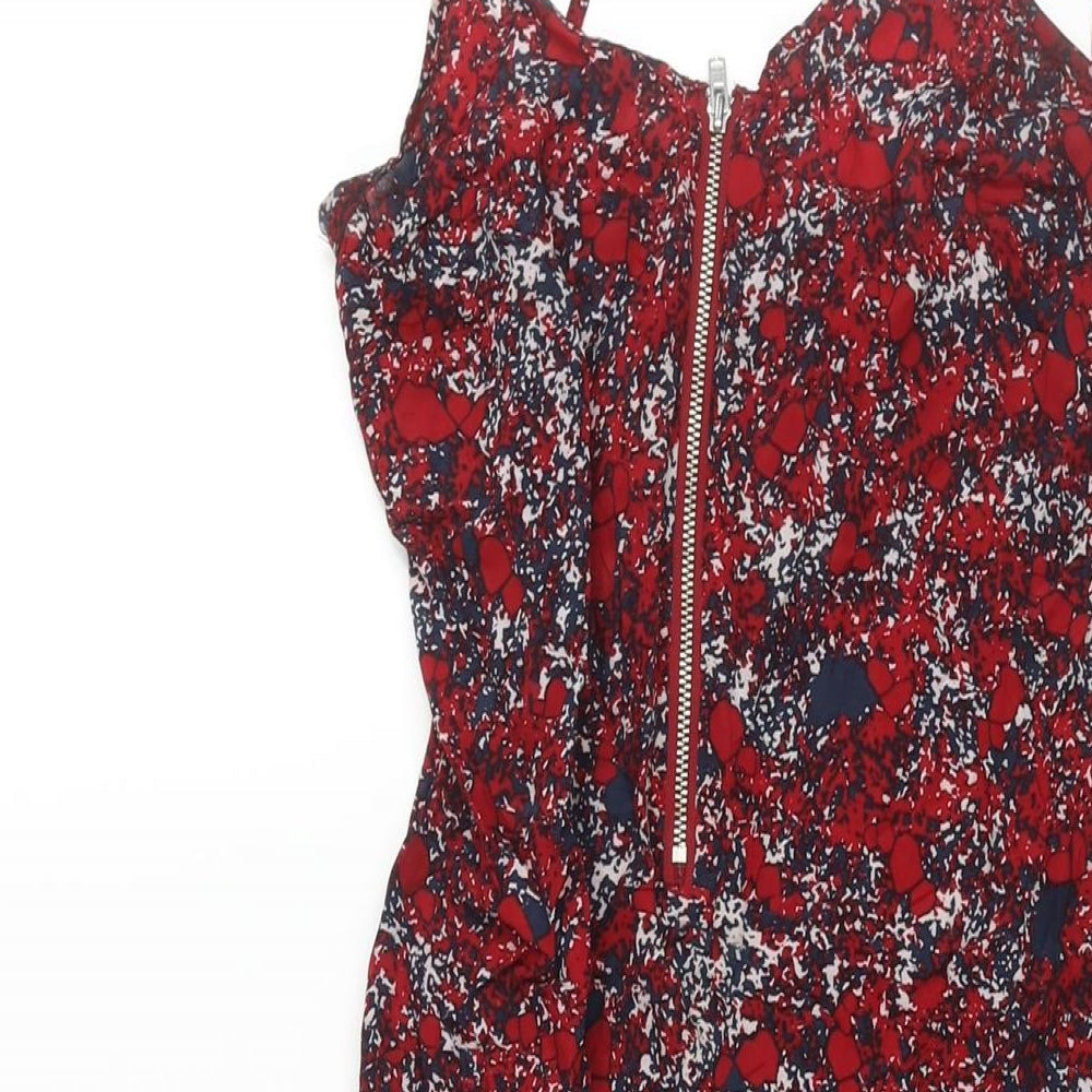 Lonely Hearts Womens Red Geometric Silk Slip Dress Size 6 V-Neck Zip