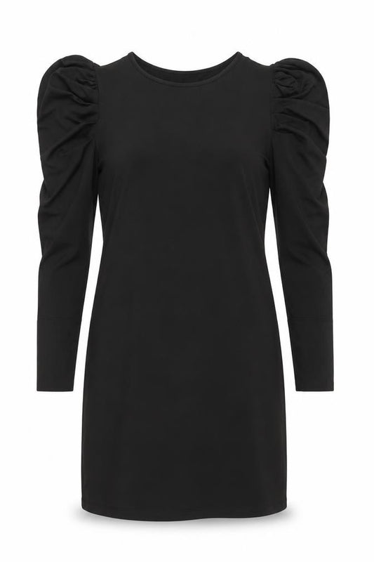Front view of VILA women’s black polyester shift, size S, round neck pullover - rouched sleeve