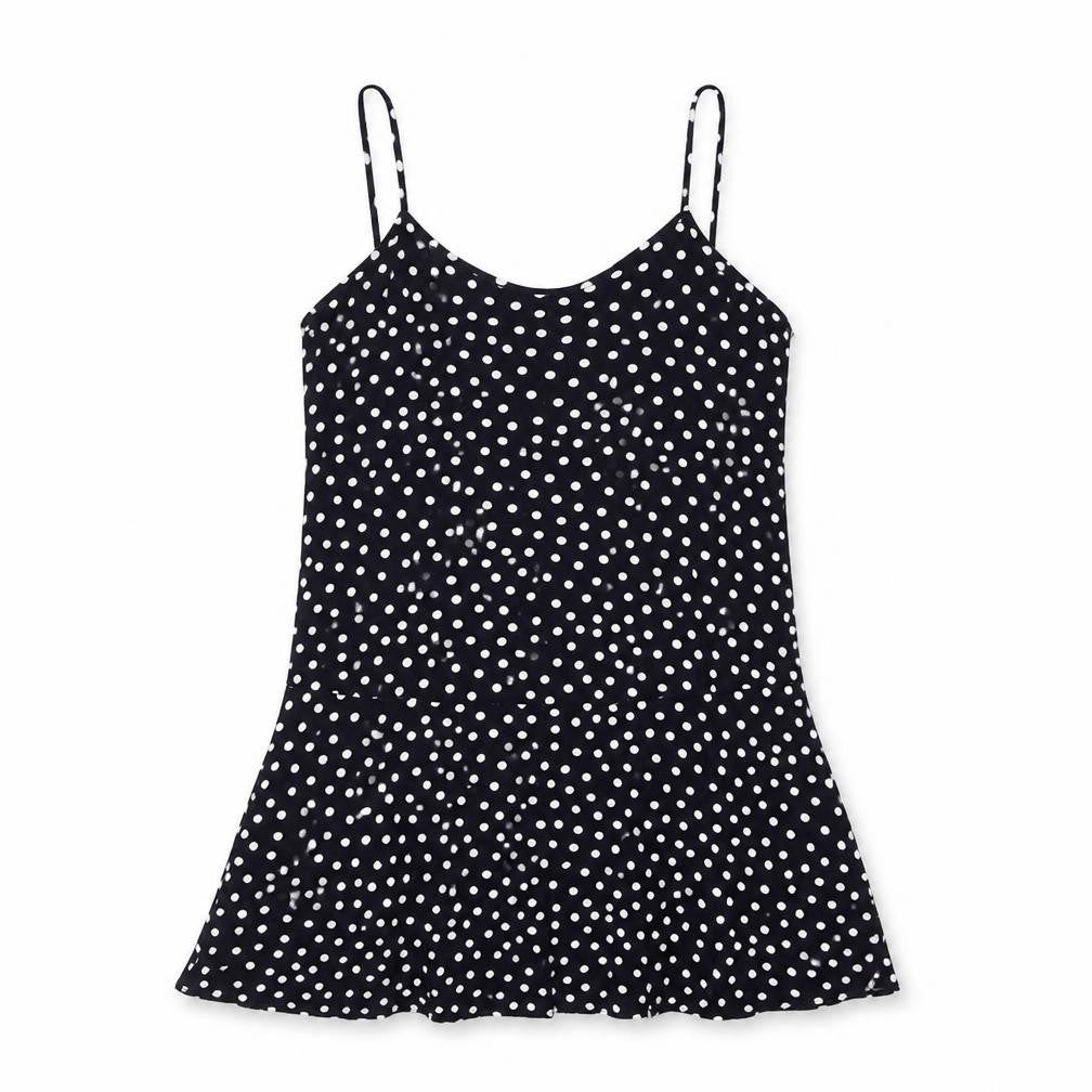 Front view of Mango women’s blue polka dot viscose mini, size S, scoop neck pullover