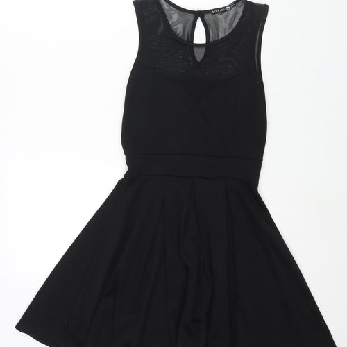 Boohoo Womens Black Polyester Fit & Flare Size 12 Round Neck Button - Mesh Bodice Detail