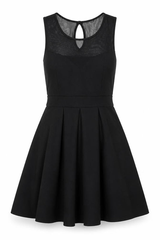 Front view of Boohoo women’s black polyester fit & flare, size UK 12, round neck button - mesh bodice detail