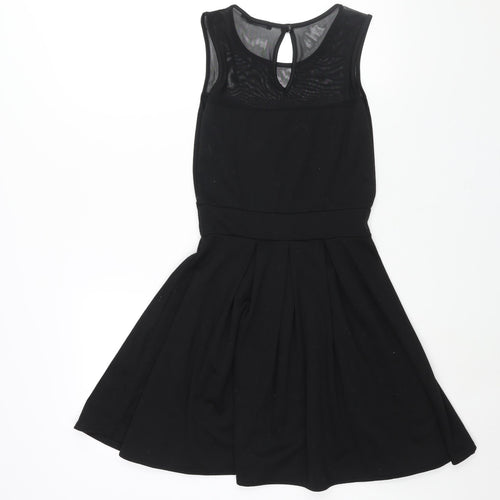 Boohoo Womens Black Polyester Fit & Flare Size 12 Round Neck Button - Mesh Bodice Detail