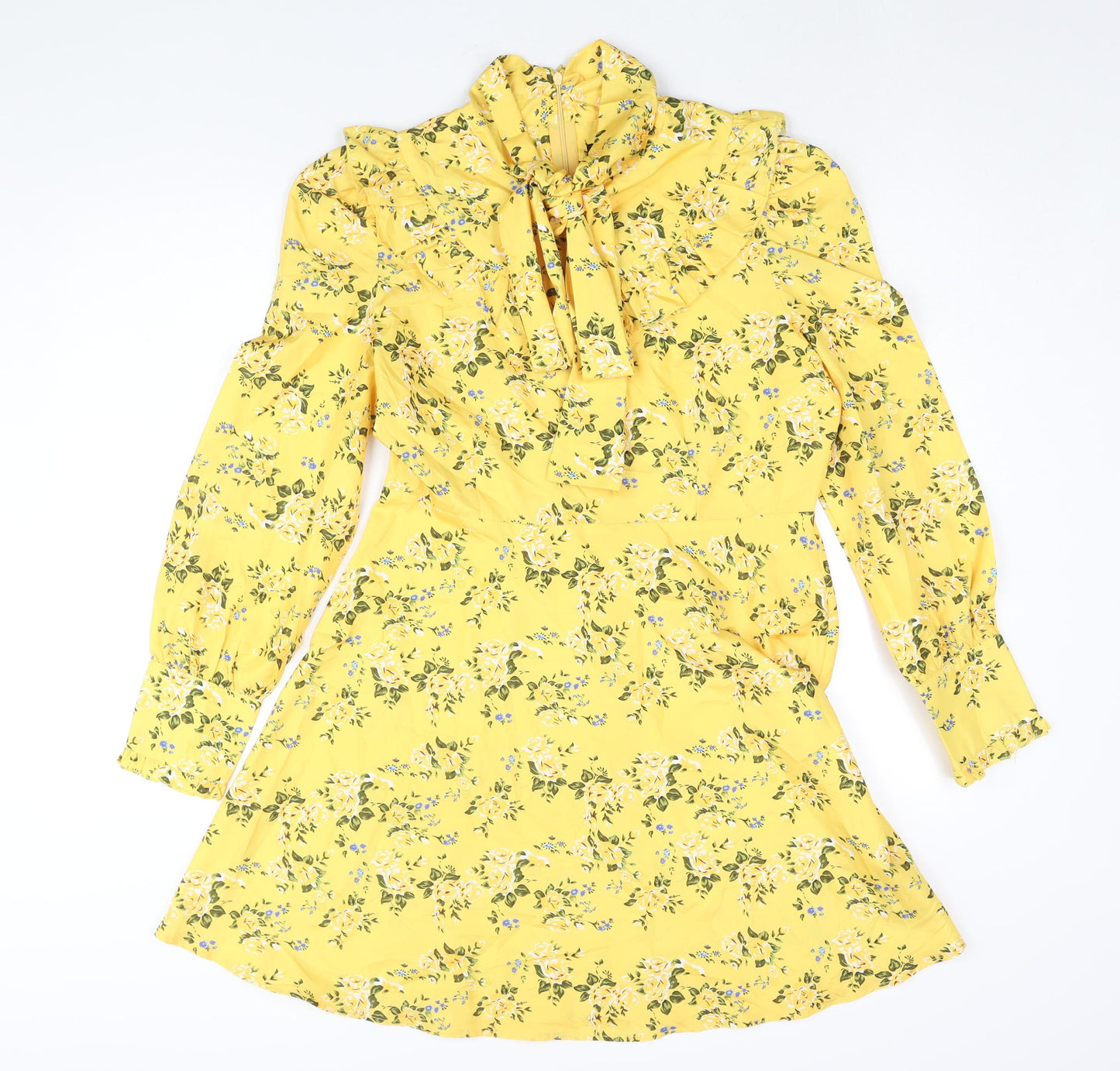 Boohoo Womens Yellow Floral Polyester A-Line Size 14 Mock Neck Zip - Bow Frill