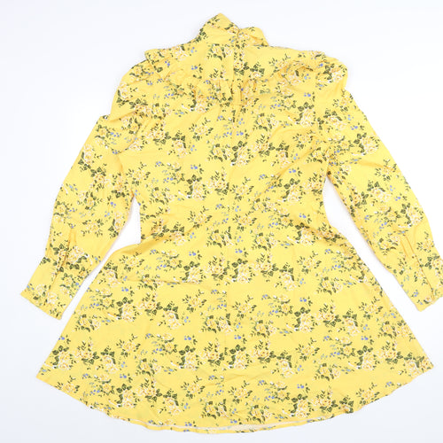 Boohoo Womens Yellow Floral Polyester A-Line Size 14 Mock Neck Zip - Bow Frill