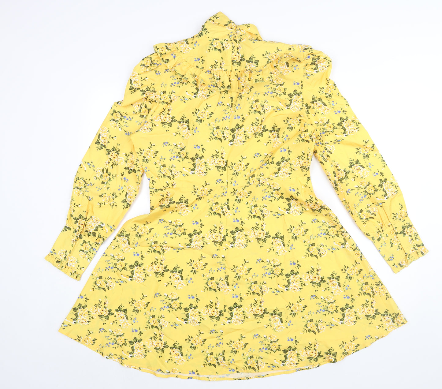 Boohoo Womens Yellow Floral Polyester A-Line Size 14 Mock Neck Zip - Bow Frill