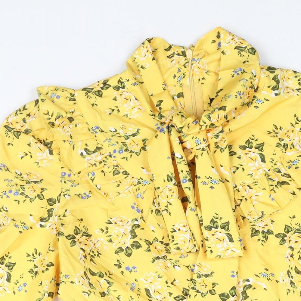 Boohoo Womens Yellow Floral Polyester A-Line Size 14 Mock Neck Zip - Bow Frill