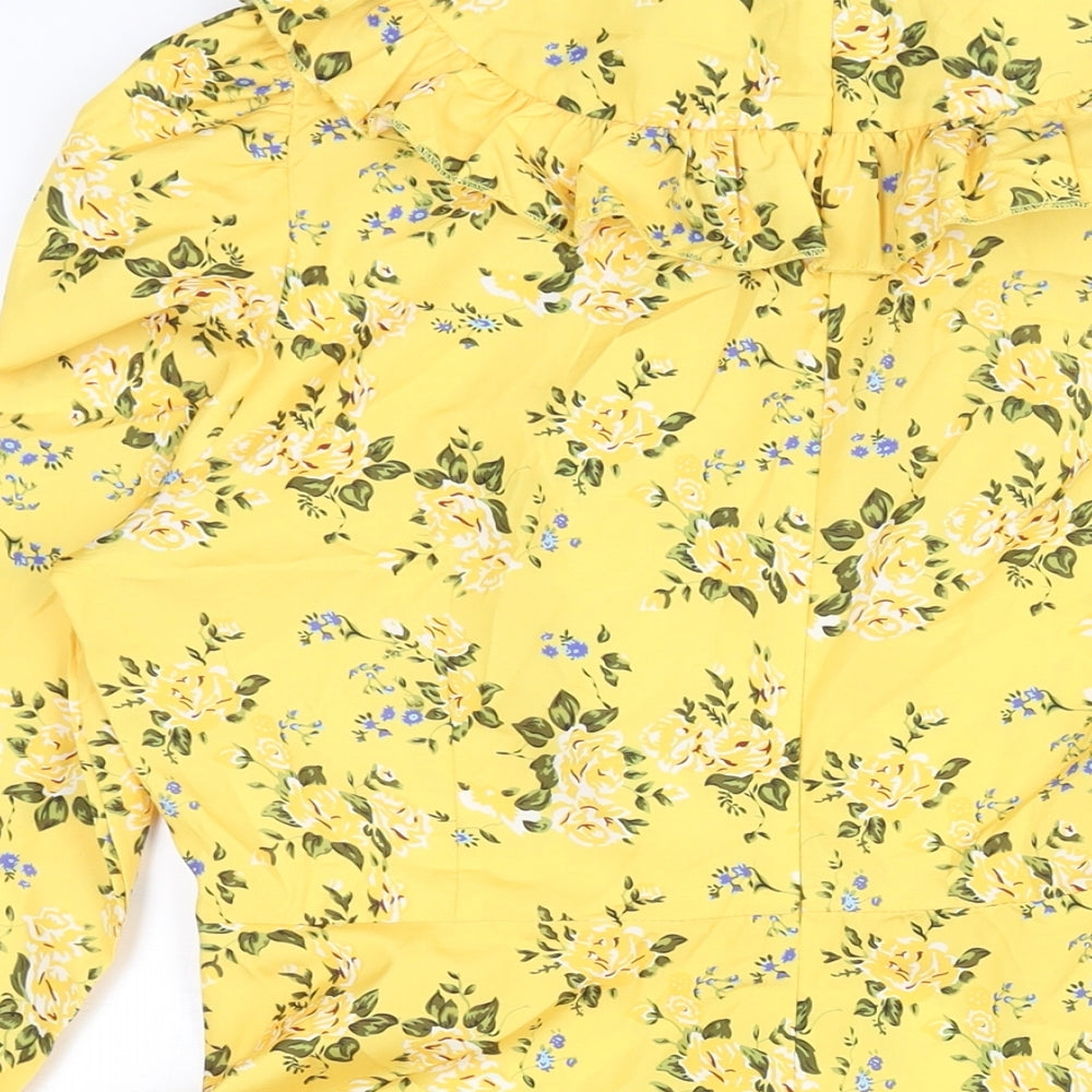 Boohoo Womens Yellow Floral Polyester A-Line Size 14 Mock Neck Zip - Bow Frill