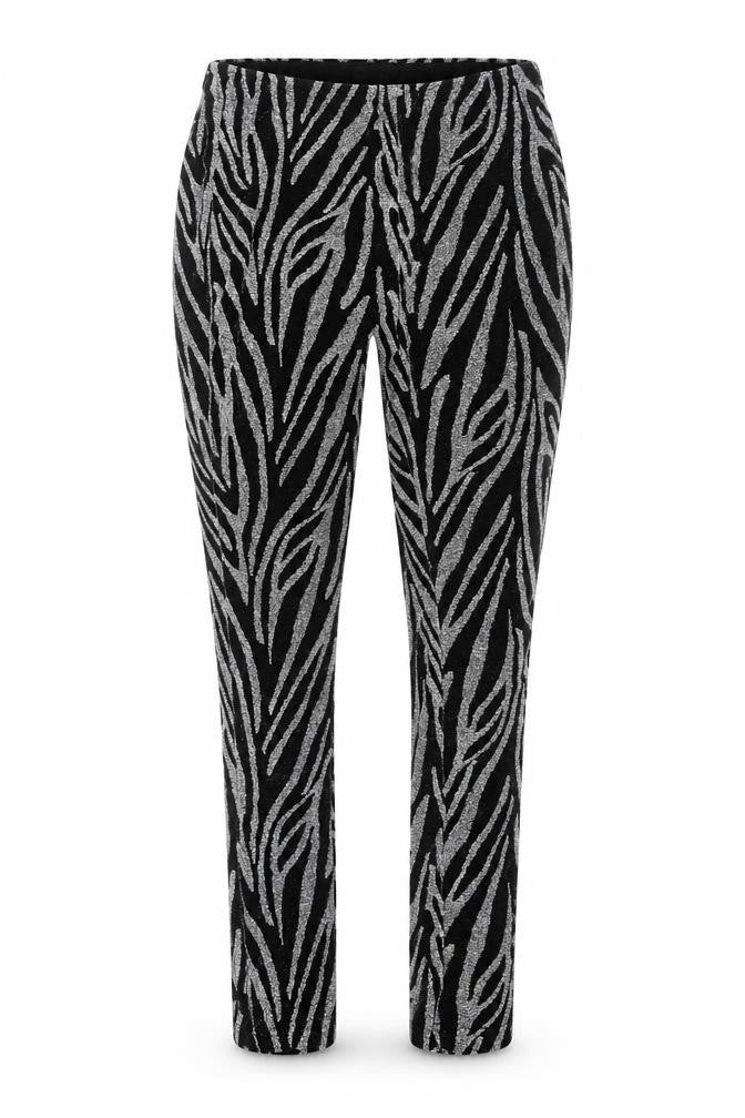 Front view of Warehouse women’s silver geometric polyamide trousers, size S, 26-inch leg regular