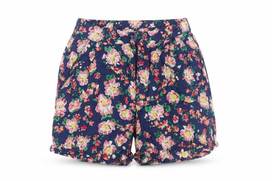 Front view of POP women’s multicoloured floral polyester basic shorts, size UK 6, 3-inch leg regular zip