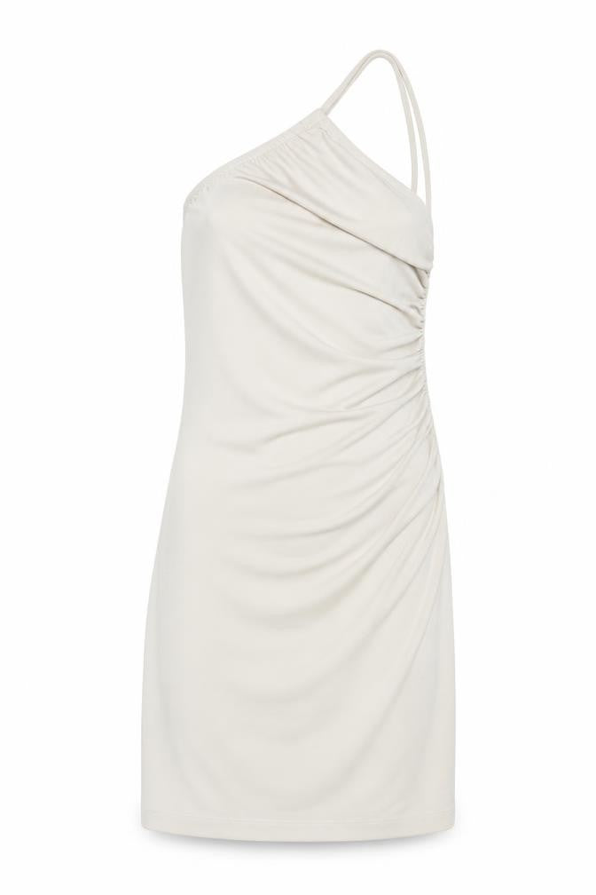 Front view of H&M women’s ivory polyester mini, size XS, one shoulder pullover - rouched