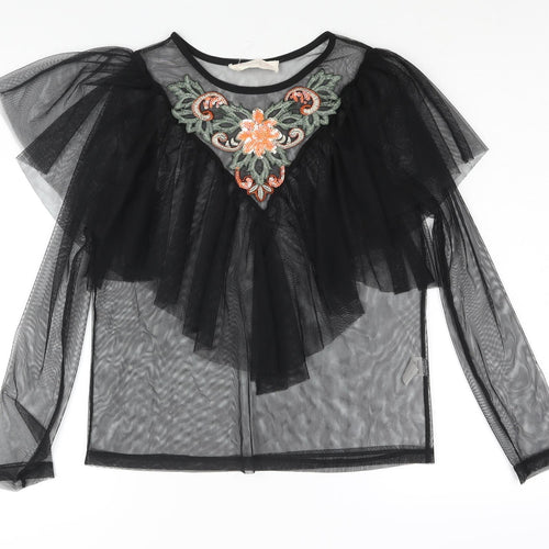 Twinkle Womens Black Polyester Basic Blouse Size S Round Neck - Semi Sheer Frill Floral Embroidery