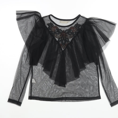 Twinkle Womens Black Polyester Basic Blouse Size S Round Neck - Semi Sheer Frill Floral Embroidery