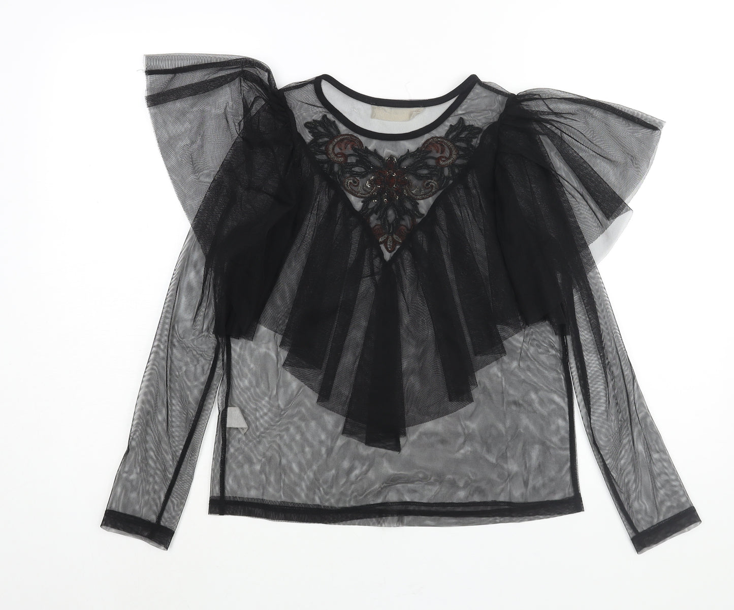 Twinkle Womens Black Polyester Basic Blouse Size S Round Neck - Semi Sheer Frill Floral Embroidery