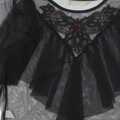 Twinkle Womens Black Polyester Basic Blouse Size S Round Neck - Semi Sheer Frill Floral Embroidery