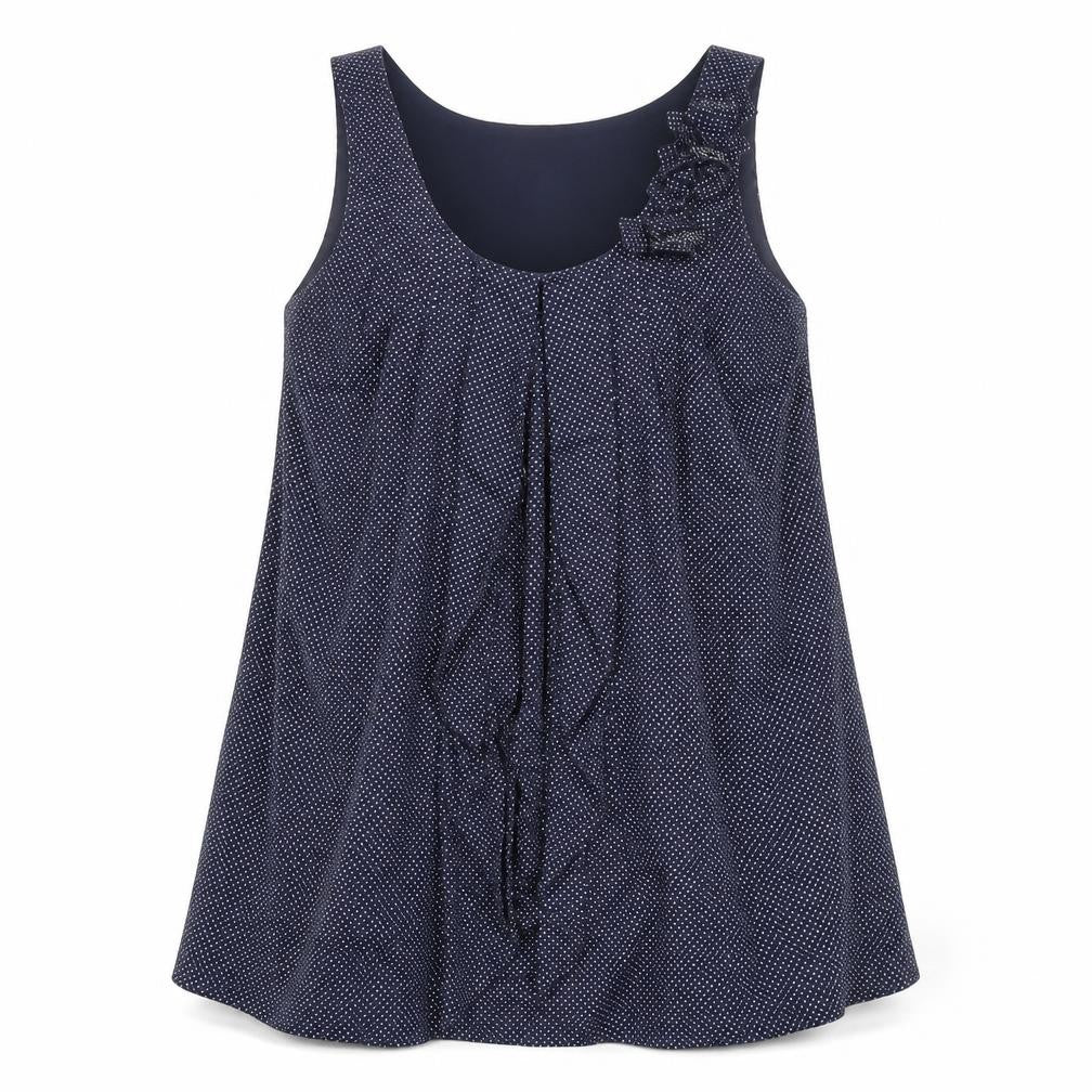 Front view of Fever women’s blue polka dot cotton a-line, size UK 16, scoop neck pullover - vented front floral frill
