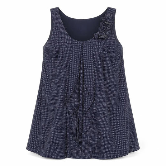 Front view of Fever women’s blue polka dot cotton a-line, size UK 16, scoop neck pullover - vented front floral frill