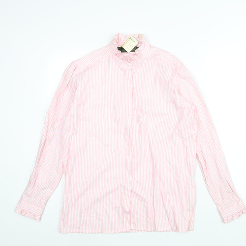 Jumpers Womens Pink Striped Cotton Basic Button-Up Size L Mock Neck - Frill Detail