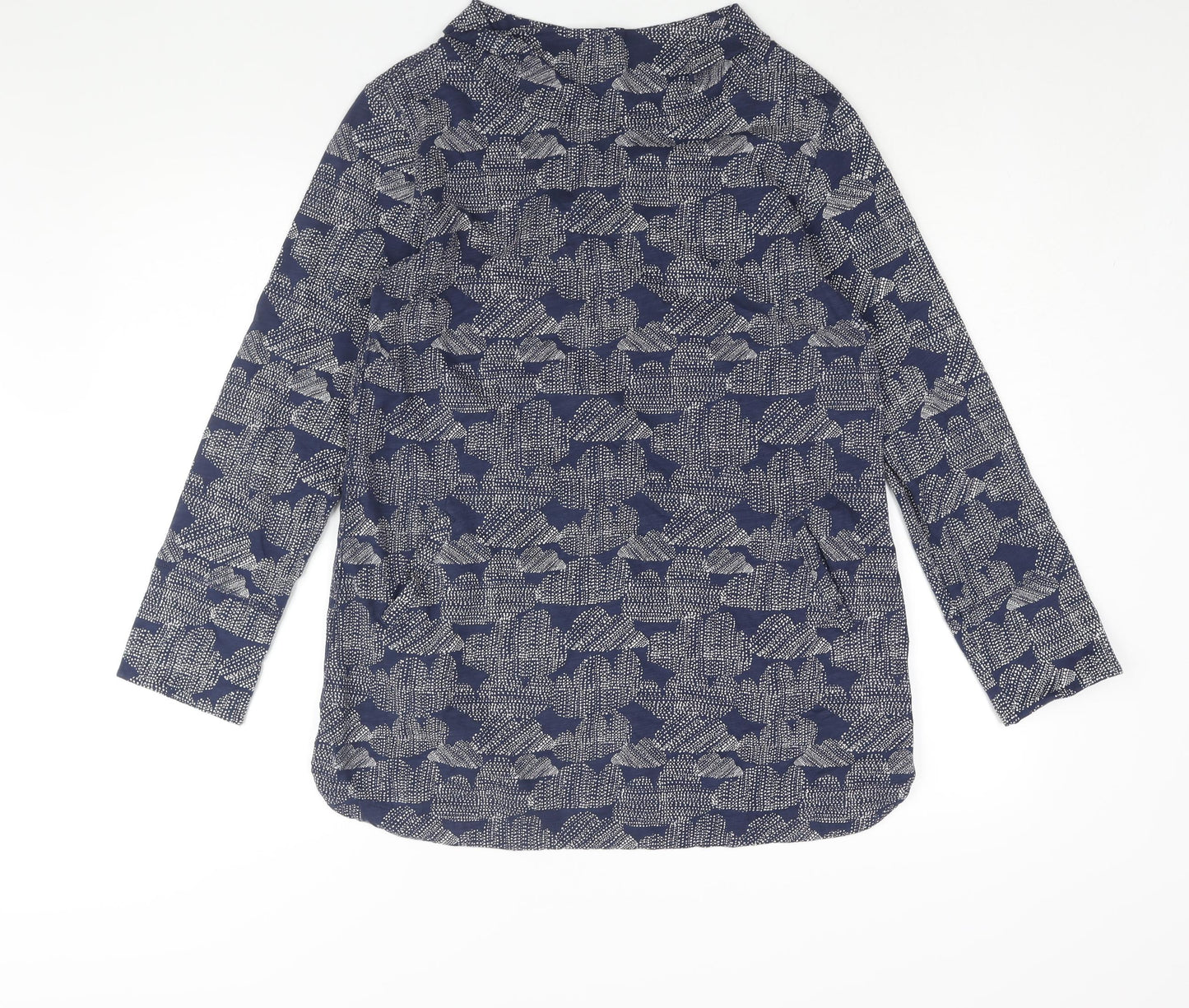 White Stuff Womens Blue Geometric Cotton Basic Blouse Size 14 Mock Neck