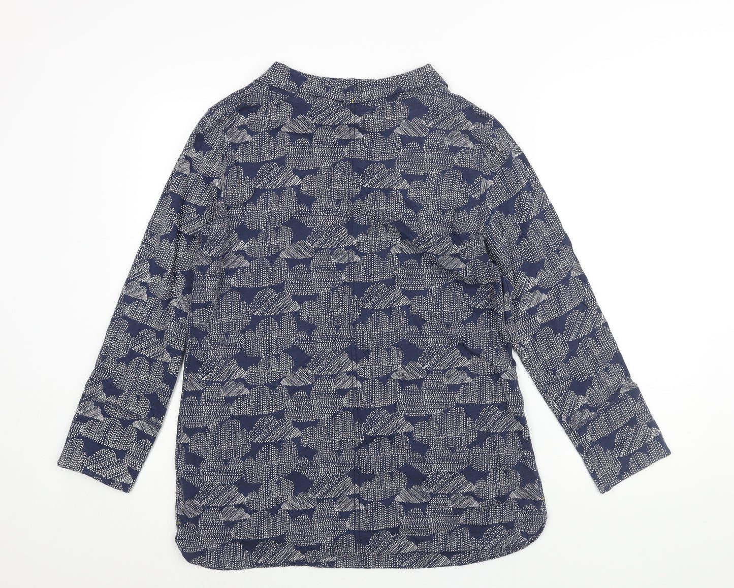 White Stuff Womens Blue Geometric Cotton Basic Blouse Size 14 Mock Neck
