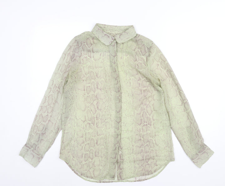 French Connection Womens Green Animal Print Polyester Basic Blouse Size 10 Collared - Snake Print Semi Sheer